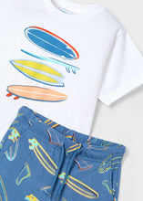 Load image into Gallery viewer, Boys surf-board print tee and shorts. Mayoral 3604 set. Boys top and shorts with surfboard print available on kidstuff.ie