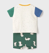 Load image into Gallery viewer, Baby boys top and shorts with green crocodile motif. Mayoral 1217 baby boy outfit back view
