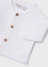 Load image into Gallery viewer, baby cardigan and matching socks knitted in white cotton. Mayoral Ecofriends 1346 baby cardigan and iocks set. Ecofriends sustainable cotton baby cardigan and socks, white.