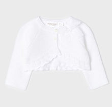 Load image into Gallery viewer, Dressy baby cardigan in white with decorative bow and scalloped hem. Mayoral 1349 white cardigan. Baby Christening cardigan.