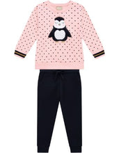 Load image into Gallery viewer, Pink polka dot sweatshirt with penguin motif and matching black jog bottoms for a girl, Milon set 13501 available on kidstuff.ie