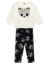 Load image into Gallery viewer, Milon girl's black and winter-white sweatshirt and leggings outfit with a pussycat motif. This cosy top is fully lined in cotton jersey. The outer layer is the softest plush fur fabric with a cute cat face embroidered on the front in black and white with gold ears and a bobble nose. The stretchy leggings are black with a white pussycat print all-over and an elasticated waist for comfort. Made by Milon and available on kidstuff.ie