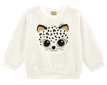 Load image into Gallery viewer, Milon girl's black and winter-white sweatshirt and leggings outfit with a pussycat motif. This cosy top is fully lined in cotton jersey. The outer layer is the softest plush fur fabric with a cute cat face embroidered on the front in black and white with gold ears and a bobble nose. The stretchy leggings are black with a white pussycat print all-over and an elasticated waist for comfort. Made by Milon and available on kidstuff.ie Top