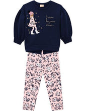 Load image into Gallery viewer, Girl's navy decorated sweatshirt and matching pink printed leggings. Milon girls navy and pink outfit 13512 available on kidstuff,ie