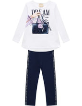 Load image into Gallery viewer, Girl's long-sleeved white top with a chic, sparkly print on the front in purple and navy tones teamed with a pair of stretchy leggings in navy. The leggings are trimmed down the side-legs by ribbon with the legend "I Love Paris" and have an elasticated waist for comfort. The top has a round neckline and a curved hem, slightly longer on the back. Made by Milon 13537 and available on Kidstuff.ie