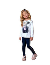 Load image into Gallery viewer, Girl's long-sleeved white top with a chic, sparkly print on the front in purple and navy tones teamed with a pair of stretchy leggings in navy. The leggings are trimmed down the side-legs by ribbon with the legend "I Love Paris" and have an elasticated waist for comfort. The top has a round neckline and a curved hem, slightly longer on the back. Made by Milon and available on Kidstuff.ie