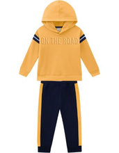 Load image into Gallery viewer, Boy's yellow hooded sweatshirt and matching navy jog bottoms. Milon boys set 13599 in yellow available on kidstuff.ie