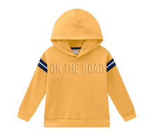 Load image into Gallery viewer, Boy's yellow hooded sweatshirt and matching navy jog bottoms. Milon boys set 13599 in yellow available on kidstuff.ie Top