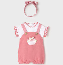 Load image into Gallery viewer, Pink Romper and headband for a baby girl. Mayoral 1612 Baby girl onesie set. Pink onesie and striped hairband for a baby girl to buy online on kidstuff.ie