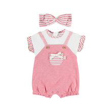 Load image into Gallery viewer, Pink Romper and headband for a baby girl. Mayoral 1612 Baby girl onesie set. Pink onesie and striped hairband for a baby girl to buy online on kidstuff.ie
