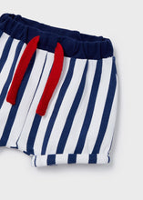 Load image into Gallery viewer, red tee shirt with a bulldog motif, navy pocket and trim paired with a co-ordinating stretchy shorts in navy and white. The tee shirt has a handy shoulder opening fastened with poppers. The stretchy shorts have an elasticated waist for comfort and narrow turn-ups at the legs. Made from sustainable cotton and part of Mayoral's Ecofriends range.