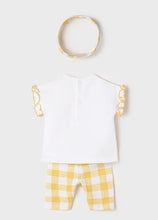 Load image into Gallery viewer, Baby girl's white top and check capri leggings set in banana yellow with matching headband. Mayoral 1715 baby girl's outfit in banana yellow.