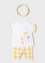 Load image into Gallery viewer, Baby girl's white top and check capri leggings set in banana yellow with matching headband. Mayoral 1715 baby girl's outfit in banana yellow.