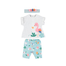 Load image into Gallery viewer, Baby girls leggings top and headband outfit in aqua with flamingo print, Mayoral 1715 baby girl set in aqua. aby girl's printed short leggings, hairband and matching top available to buy online from Kidstuff.ie