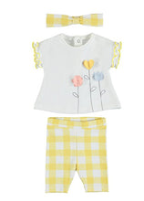 Load image into Gallery viewer, Baby girl's white top and check capri leggings set in banana yellow with matching headband. Mayoral 1715 baby girl's outfit in banana yellow.