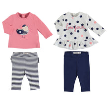 Load image into Gallery viewer, Two baby girls leggings and top outfits in pink and dark blue. Mayoral 1716 girl's 4 piece leggings outfits for a baby girl.