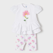 Load image into Gallery viewer, Baby girl's white frilled top with pink flower print and matching floral leggings. Mayoral 1719 baby girl outfit. Irish online kids boutique. Kidstuff.e