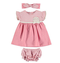 Load image into Gallery viewer, Azalea pink baby dress with matching panties and stretchy headband. Centre back popper fastening. Made from sustainable 100% cotton jersey and part of Mayoral's Ecofriends range