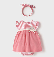 Load image into Gallery viewer, Azalea pink baby dress with matching panties and stretchy headband. Centre back popper fastening. Made from sustainable 100% cotton jersey and part of Mayoral's Ecofriends range