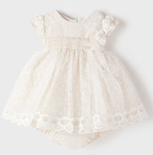 Load image into Gallery viewer, Ivory Baby party dress. Christening dress in ivory. Mayoral 1867 Baby Dress and panties. Lace baby dress and knickers