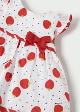 Load image into Gallery viewer, Baby Girl's Strawberr-print dress and panties. Mayoral 1874 Dress set in red. Baby dress and panties in red and white.