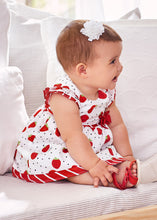 Load image into Gallery viewer, Baby Girl's Strawberr-print dress and panties. Mayoral 1874 Dress set in red. Baby dress and panties in red and white.