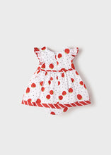 Load image into Gallery viewer, Baby Girl's Strawberr-print dress and panties. Mayoral 1874 Dress set in red. Baby dress and panties in red and white. back view.