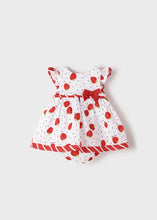 Load image into Gallery viewer, Baby Girl's Strawberr-print dress and panties. Mayoral 1874 Dress set in red. Baby dress and panties in red and white.