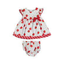 Load image into Gallery viewer, Baby Girl's Strawberr-print dress and panties. Mayoral 1874 Dress set in red. Baby dress and panties in red and white.