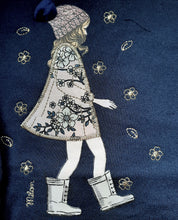 Load image into Gallery viewer, Girl's navy decorated sweatshirt and matching pink printed leggings. Milon girls navy and pink outfit 13512 available on kidstuff,ie. Sweatshirt close up