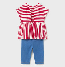 Load image into Gallery viewer, Girl's stripey top and denim leggings set for a toddler. Mayoral 1781 baby 2 piece in watermelon red and denim blue. Girl's 2 piece leggings set available on Kidstuff.ie back view