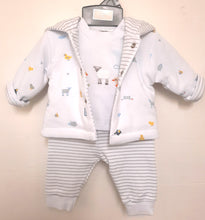 Load image into Gallery viewer, Baby boy outfit with cotton jacket, top and trousers, cute animal motifs. Just too Cute baby boy 3pce set to buy online on kidstuff.ie