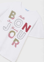 Load image into Gallery viewer, Girls top and leggings set in white and pink. Mayoral 6740 Girl's outfit. White top with Bonjour logo and pink leggings for a girl on kidstuff.ie