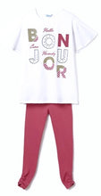 Load image into Gallery viewer, Girls top and leggings set in white and pink. Mayoral 6740 Girl's outfit. White top with Bonjour logo and pink leggings for a girl on kidstuff.ie