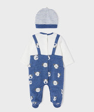 Load image into Gallery viewer, Baby Boy's Romper with long sleeves in indigo blue with cute animal print, with matching stried hat. Mayoral 2621 baby boy romper and hat set.