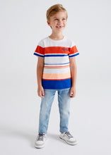 Load image into Gallery viewer, Boy's striped Tee shirt with red white peach and dark blue. Mayoral 6009 boy's tee shirt.