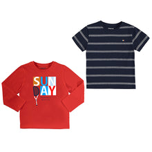 Load image into Gallery viewer, Boys navy tee and red long sleeve tee. Mayoral 3027 set of two tops for a boy, Navy striped tee shirt and red printed top for a boy