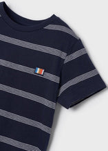 Load image into Gallery viewer, Boys navy tee and red long sleeve tee. Mayoral 3027 set of two tops for a boy, Navy striped tee shirt and red printed top for a boy navy tee detail