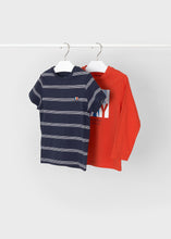 Load image into Gallery viewer, Boys navy tee and red long sleeve tee. Mayoral 3027 set of two tops for a boy, Navy striped tee shirt and red printed top for a boy, buy online on kidstuff.ie