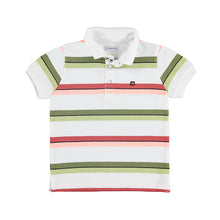 Load image into Gallery viewer, polo tee shirt for a boy with green stripes and terra cotta stripes. Mayoral 3110 boys polo shirt. Collared tee shirt with stripes for a boy