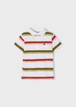 Load image into Gallery viewer, polo tee shirt for a boy with green stripes and terra cotta stripes. Mayoral 3110 boys polo shirt. Collared tee shirt with stripes for a boy