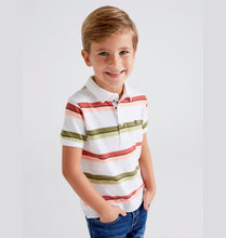 Load image into Gallery viewer, polo tee shirt for a boy with green stripes and terra cotta stripes. Mayoral 3110 boys polo shirt. Collared tee shirt with stripes for a boy