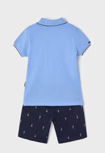 Load image into Gallery viewer, Boy's Navy print Bermuda Shorts and sky blue Polo Shirt Set. Mayoral 3269 boys shorts and tee shirt in sky blue and navy