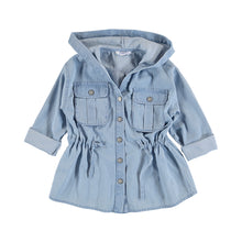 Load image into Gallery viewer, Girl's denim jacket with hood. mayoral 3425 denim jacket for a girl. Light blue denim girls jacket .