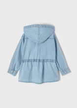 Load image into Gallery viewer, Girl's denim jacket with hood. mayoral 3425 denim jacket for a girl. Light blue denim girls jacket back view