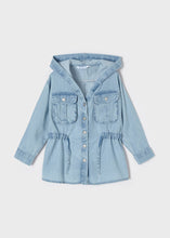 Load image into Gallery viewer, Girl's denim jacket with hood. mayoral 3425 denim jacket for a girl. Light blue denim girls jacket .