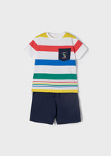 Load image into Gallery viewer, boys coloured stripey tee shirt and navy shorts outfit. mayoral 3658 boys top and shorts set. Tee shirt with stripes and navy shorts for a boy on kidstuff.ie