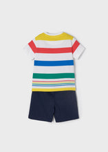 Load image into Gallery viewer, boys coloured stripey tee shirt and navy shorts outfit. mayoral 3658 boys top and shorts set. Tee shirt with stripes and navy shorts for a boy on kidstuff.ie back view