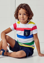 Load image into Gallery viewer, boys coloured stripey tee shirt and navy shorts outfit. mayoral 3658 boys top and shorts set. Tee shirt with stripes and navy shorts for a boy on kidstuff.ie