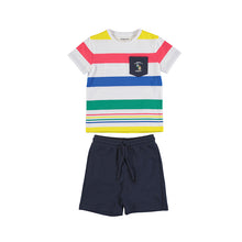 Load image into Gallery viewer, boys coloured stripey tee shirt and navy shorts outfit. mayoral 3658 boys top and shorts set. Tee shirt with stripes and navy shorts for a boy on kidstuff.ie